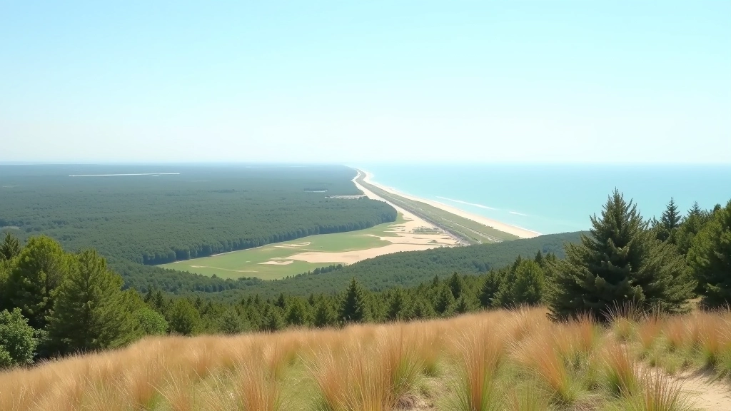 Panoraminis vaizdas iš kalvos viršūnės į Kuršių neriją, jūrą ir smėlėtas kopes