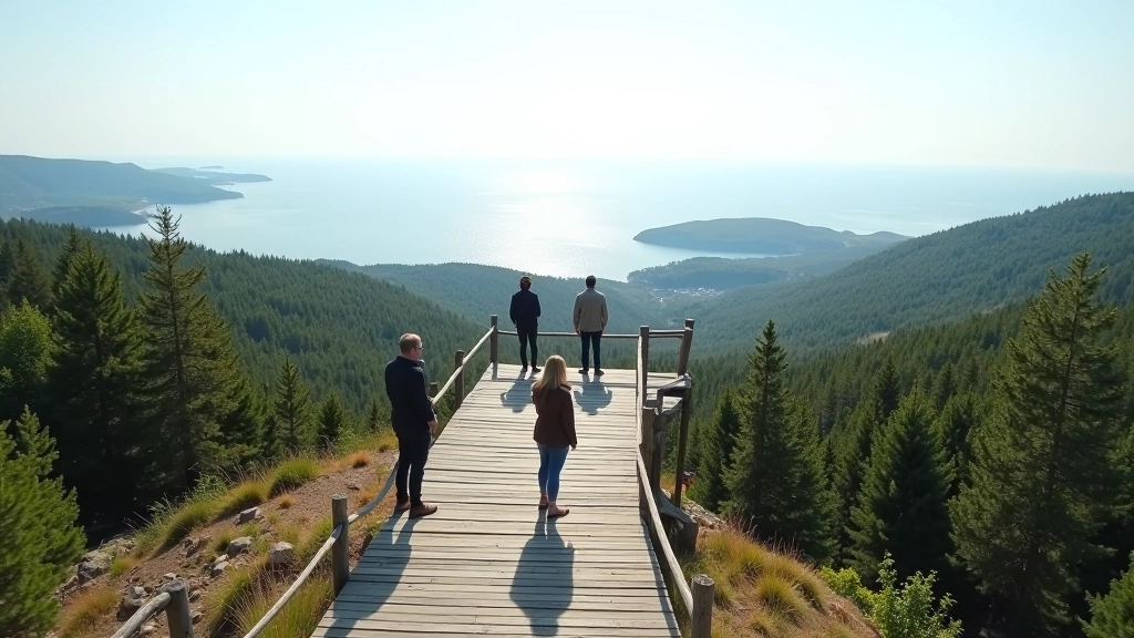 Žmonės stovi ant medžio platformos Avių kalno viršūnėje, aplinkui medžiai ir tolimas jūros horizonto linija